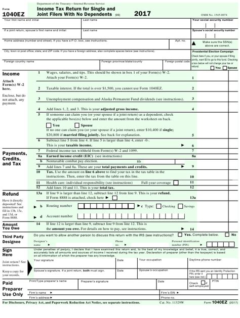 2017 Federal Income Tax Tables 1040ez