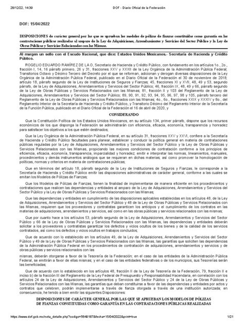 Dof 15 Abr 2022 Modelos De Pólizas De Fianzas Pdf