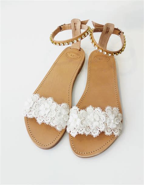 bridal lace and pearls sandals wedding flat leather sandals white lace flowers greek leather