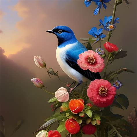 Little Blue Bird In Flower Paradise Garden Ai Generated Artwork Nightcafe Creator