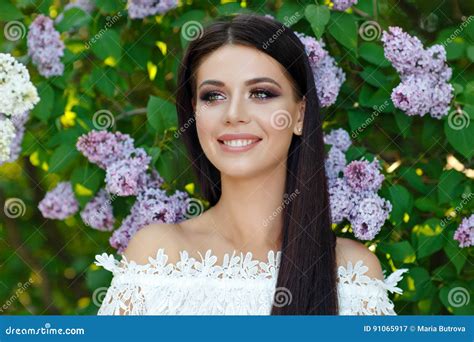 Portrait Of Beautiful Sensual Brunette Girl In White Dress In Li Stock Image Image Of Glamour