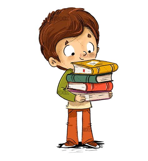 Niño Con Un Montón De Libros En Las Manos Dibustock Ilustraciones