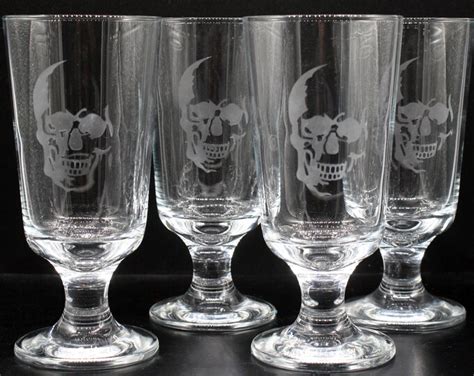skull etched glassware set of 4 absinthe water glasses etsy