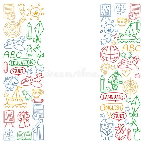 Vector Set Of Learning English Language Children`s Drawing Icons In
