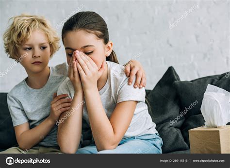 Little Brother Consoling Crying Sister Living Room Stock Photo By