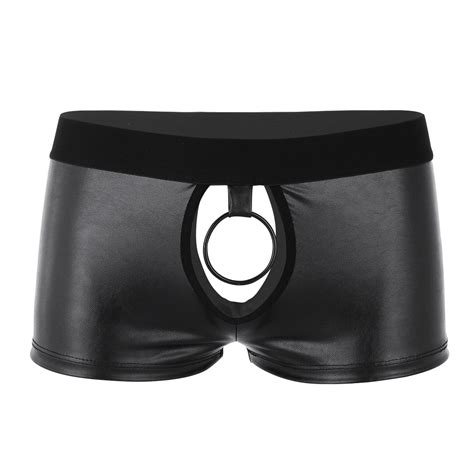 Mens Open Crotch Shorts Faux Leather Pants Sexy Sissy Cut Out Low Rise Boxer Briefs Clubwear