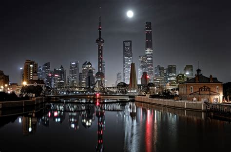 Download Reflection Skyscraper Building Light Night Bridge City China