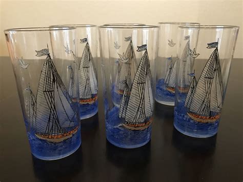 Vintage Sailboat Highball Glasses Federal Glass Sailboat Glasses Nautical Federal Glass Tumblers