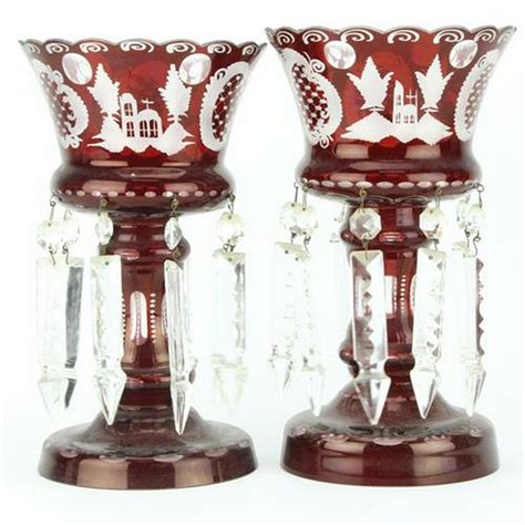Czech Bohemian Egermann Crystal Ruby Red Pair Of Lustres European Glass