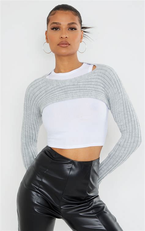 Grey Super Crop Knitted Ribbed Jumper Prettylittlething Ie