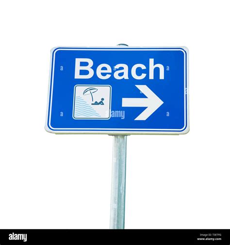 Blue Beach Sign On Metal Post With Pictogram And Arrow On White