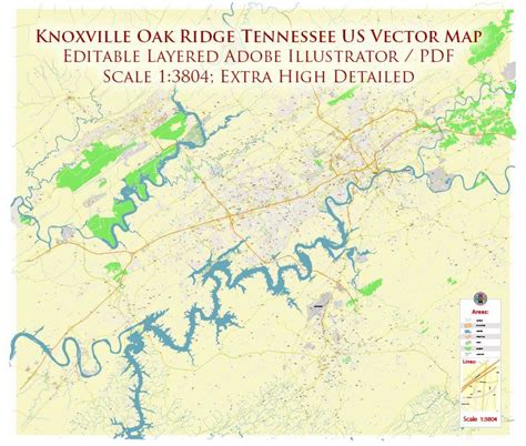 Knoxville Oak Ridge Tennessee Us Map Vector Exact High Detailed City