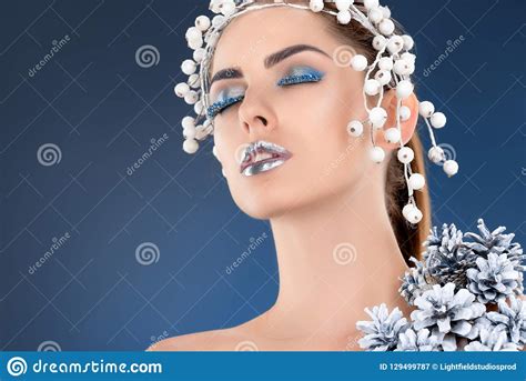 Portrait Of Beautiful Model With Hair Accessory Christmas Pine Cones