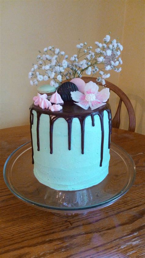 chocolate mint drip cake mint macarons with dark chocolate ganache pink meringue kisses candy