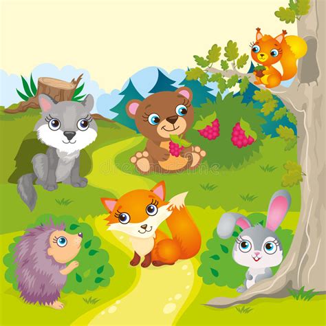 Cute Cartoon Forest Animals Stock Vector Illustration Of Forest