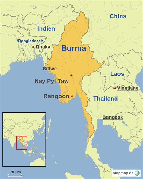 Officially known as the union of myanmar, (also as burma or the union of burma by bodies and states who do not recognize the ruling military junta), this nation is the largest in southeast asia. StepMap - Myanmar/Burma - Landkarte für Asien