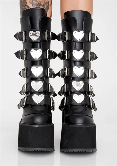 Demonia Vegan Leather Heart Shaped Metal Platform Boots Black Demonia Boots Platform Boots