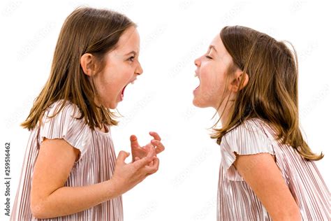 Identical Twin Girls Sisters Are Arguing Yelling At Each Other Stock