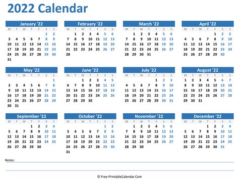 2022 Yearly Calendar With Notes Horizontal Layout