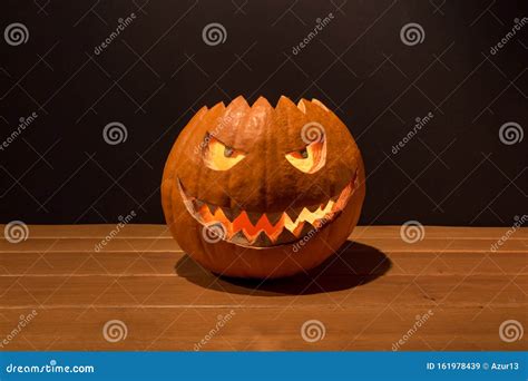 Single One Spooky Carved Halloween Pumpkin Dark Twilight Night Stock