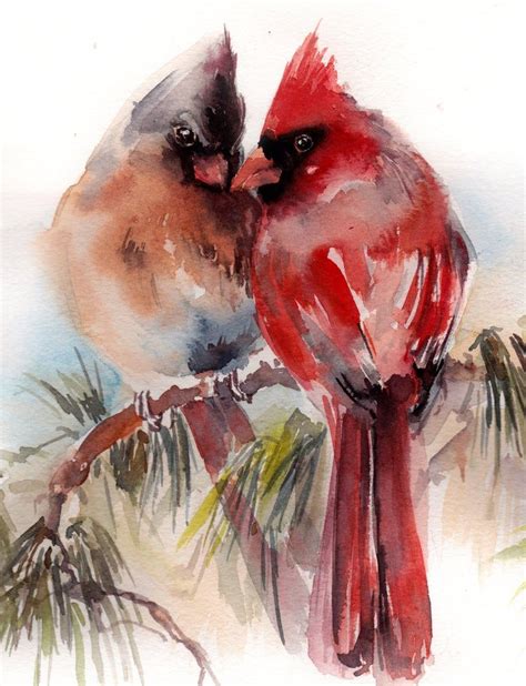 Birds Original Watercolor Paintnig Cardinal Birds Couple Northern
