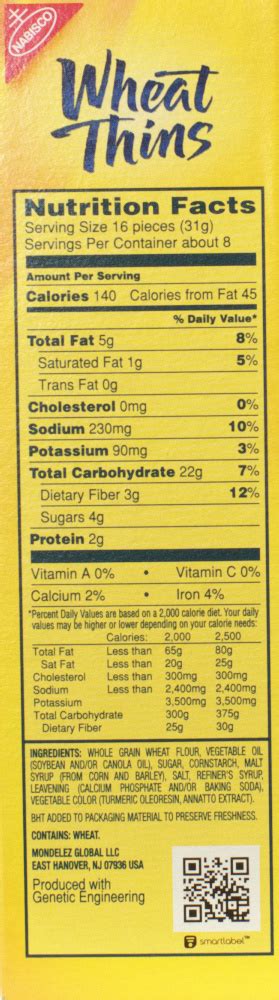 Wheat Thins Nutrition Label Labels Database