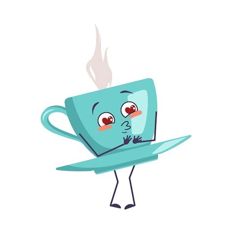 Premium Vector Cute Cup Of Tea Character Falls In Love With Eyes Hearts Kiss Face Arms