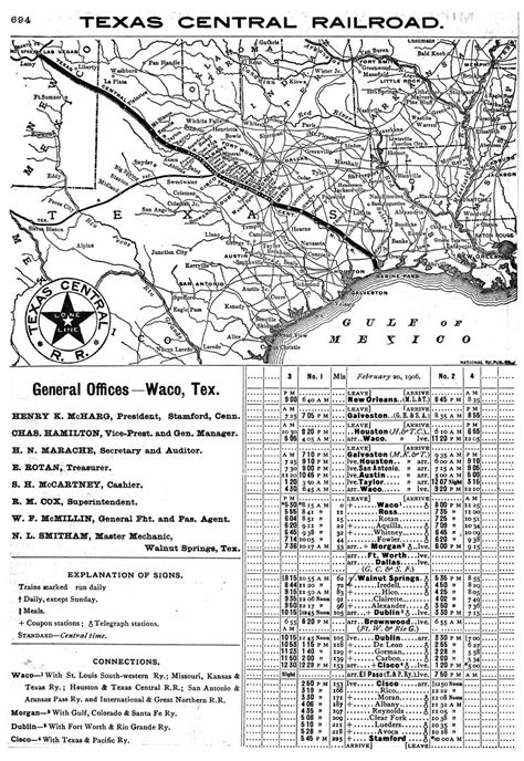 Texas Central Railroad Company Tex Public Timetable And Map Showing