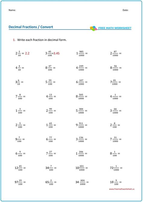 Mixed Numbers To Decimals Worksheet With Answer Key
