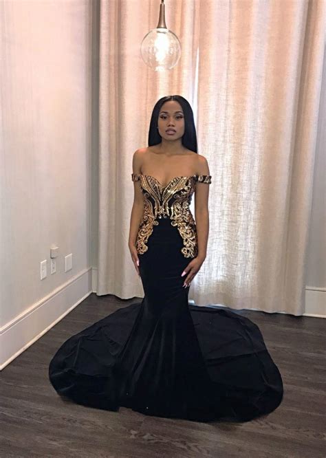 Black And Gold Prom Dresses Plus Size Off The Shoulder Appliques Long