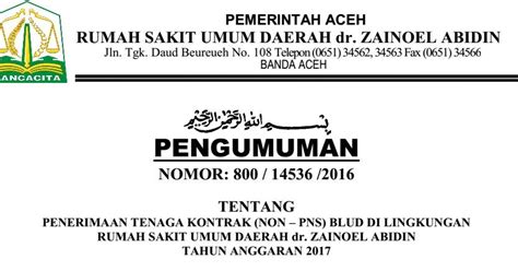 Proses seleksi penerimaan cpns tahun 2018 ini terbuka untuk semua warga negara indonesia. Penerimaan Pegawai Non PNS di RSUD dr. Zainoel Abidin ...