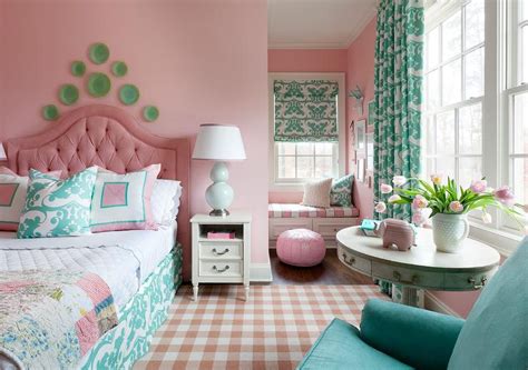 Pink Girl Bedroom With Pink Plaid Rug Transitional Girls Room