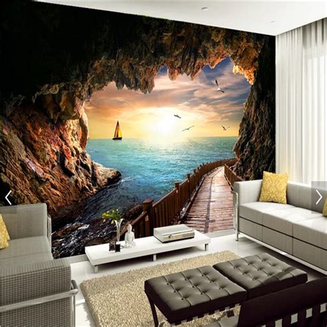 Custom 3d Wallpaper Cave Seascape Beautiful Sunset