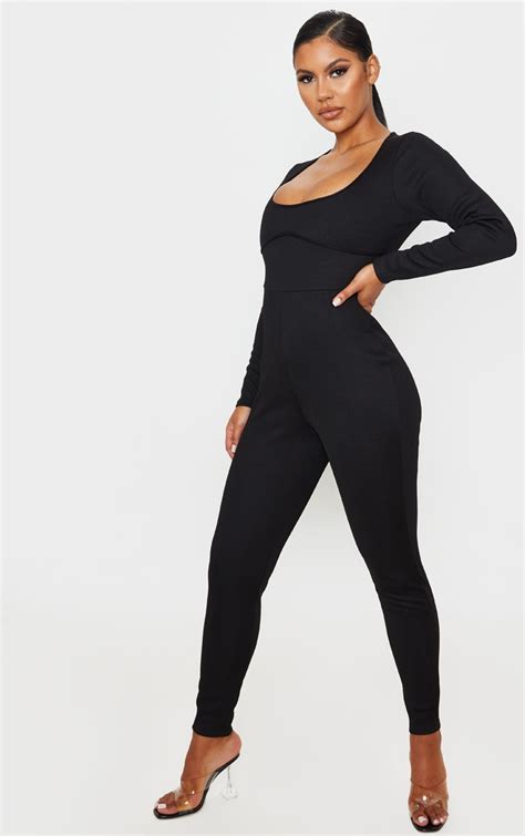 Black Long Sleeve Ribbed Piping Detail Jumpsuit Prettylittlething Usa