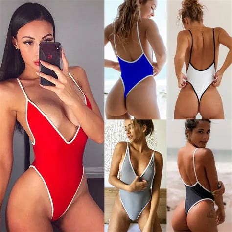 Fittoo Summer Red White Patchwork One Piece Swimsuit Sexy Thong Swimwear Women Bikinis Deep V