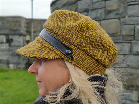 Ladies Tweed Newsboy Hat Yellow Herringbone 100 Pure New Wool