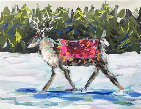 Reindeer Painting On Linen Original On Canvas 11x14 Painting Winter