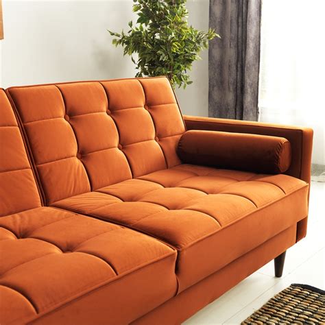 Mid Century Modern William Burnt Orange Velvet Sleeper Sofa Ash