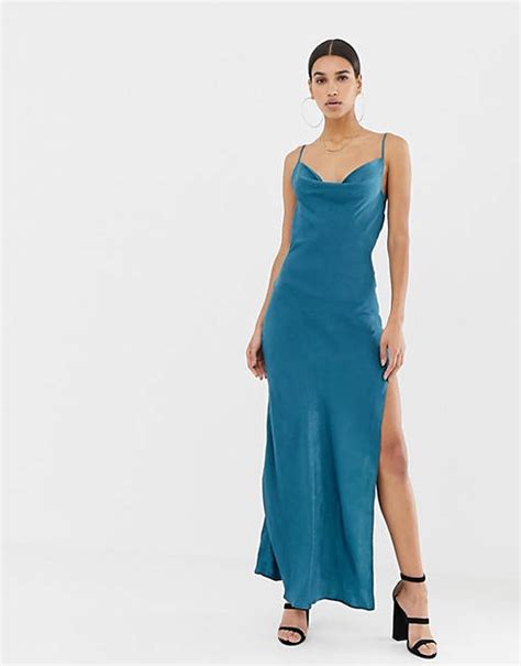 Missguided Satin Cowl Neck Maxi Slip Dress In Blue Asos