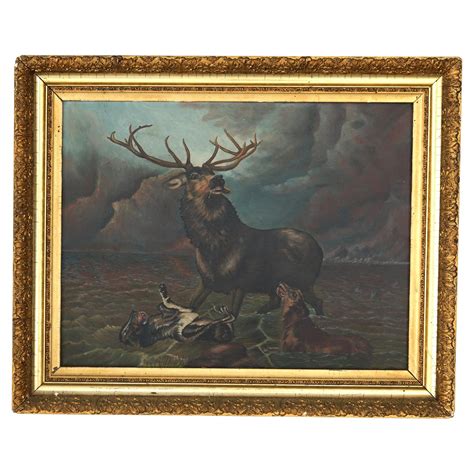Antique Landscape Painting With An Elk And Wolves Circa 1890 For Sale