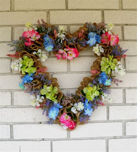 Heart Shaped Spring Floral Wreath For Front Door Burlap Etsy Spring