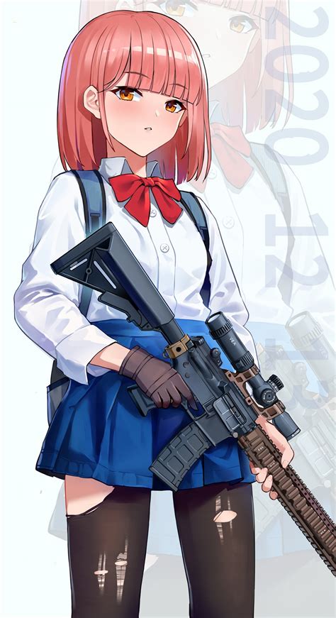 Safebooru Girl Assault Rifle Bangs Black Gloves Blue Skirt Bow Brown