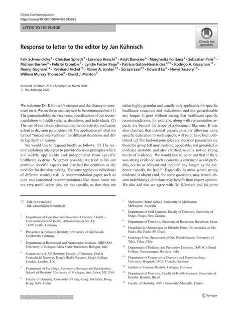 Pdf Response To Letter To The Editor By Jan Kühnisch