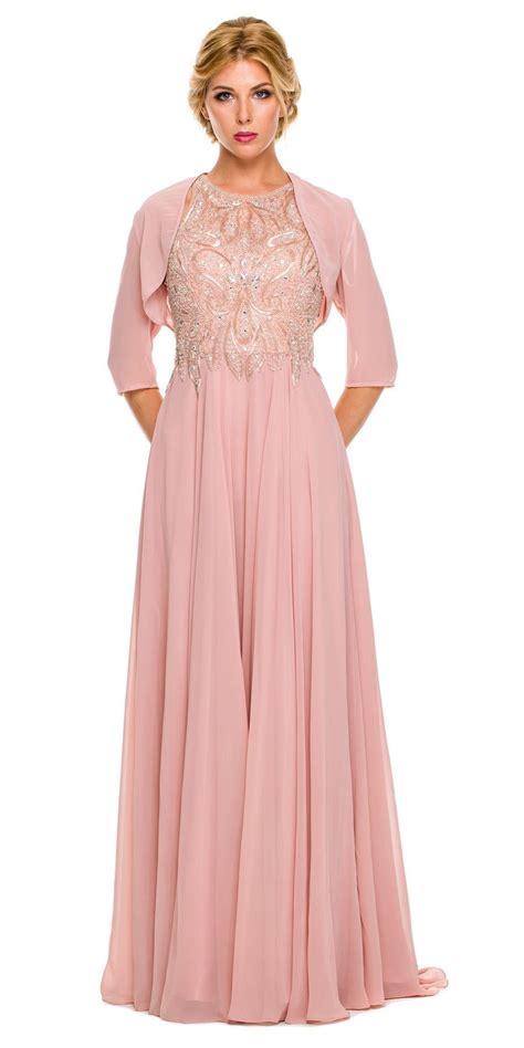 Dusty Rose Long Formal Gown A Line Beaded Bodice Includes Jacket Long