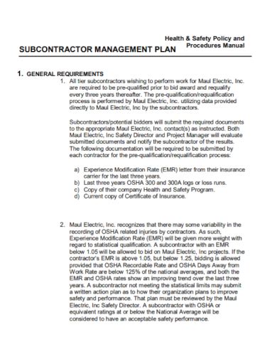 Free 10 Subcontractor Management Plan Samples Construction Safety