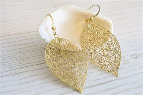 Gold Earrings Gold Leaf Earrings Big Leaf Earrings Filigree Leaf