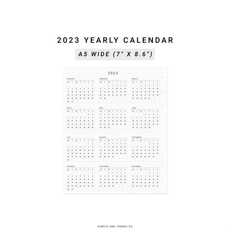 2023 Calendar A5 Wide 2023 Year At A Glance 2023 Yearly Etsy