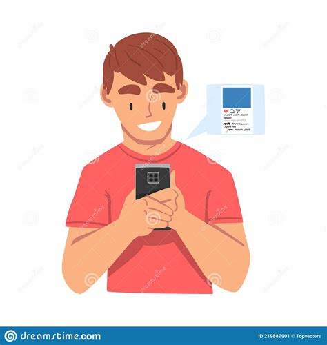 Boy Looking On Smartphones And Chatting Cheerful Teenager Cartoon