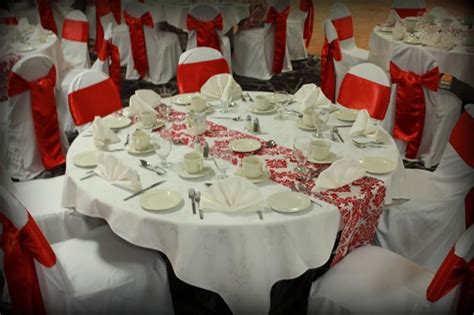 Chair rentals and chairs for sale for your events: Red & White Decor - damask table runner and red chair ...