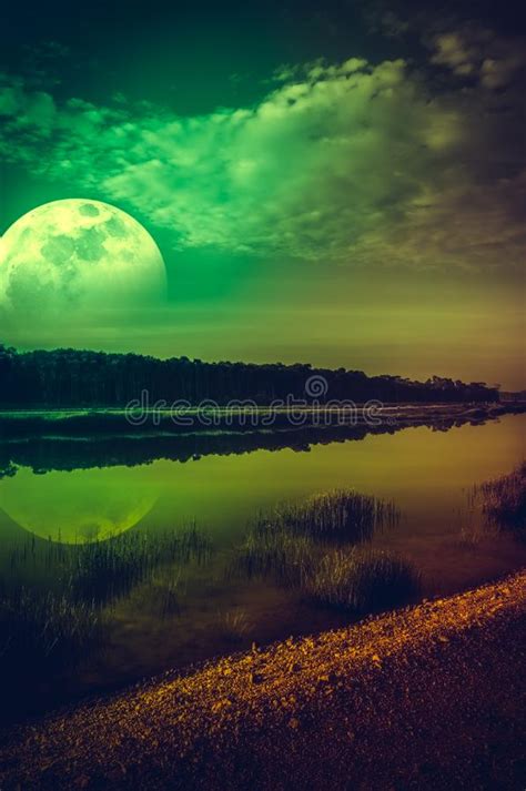 Night Sky And Super Moon At Riverside Serenity Nature Background Stock